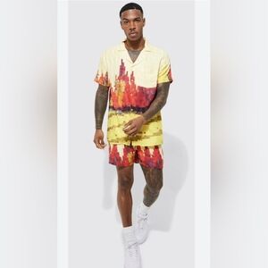 BoohooMAN Pixelated Cityscape Button Up Shirt And Shorts XL